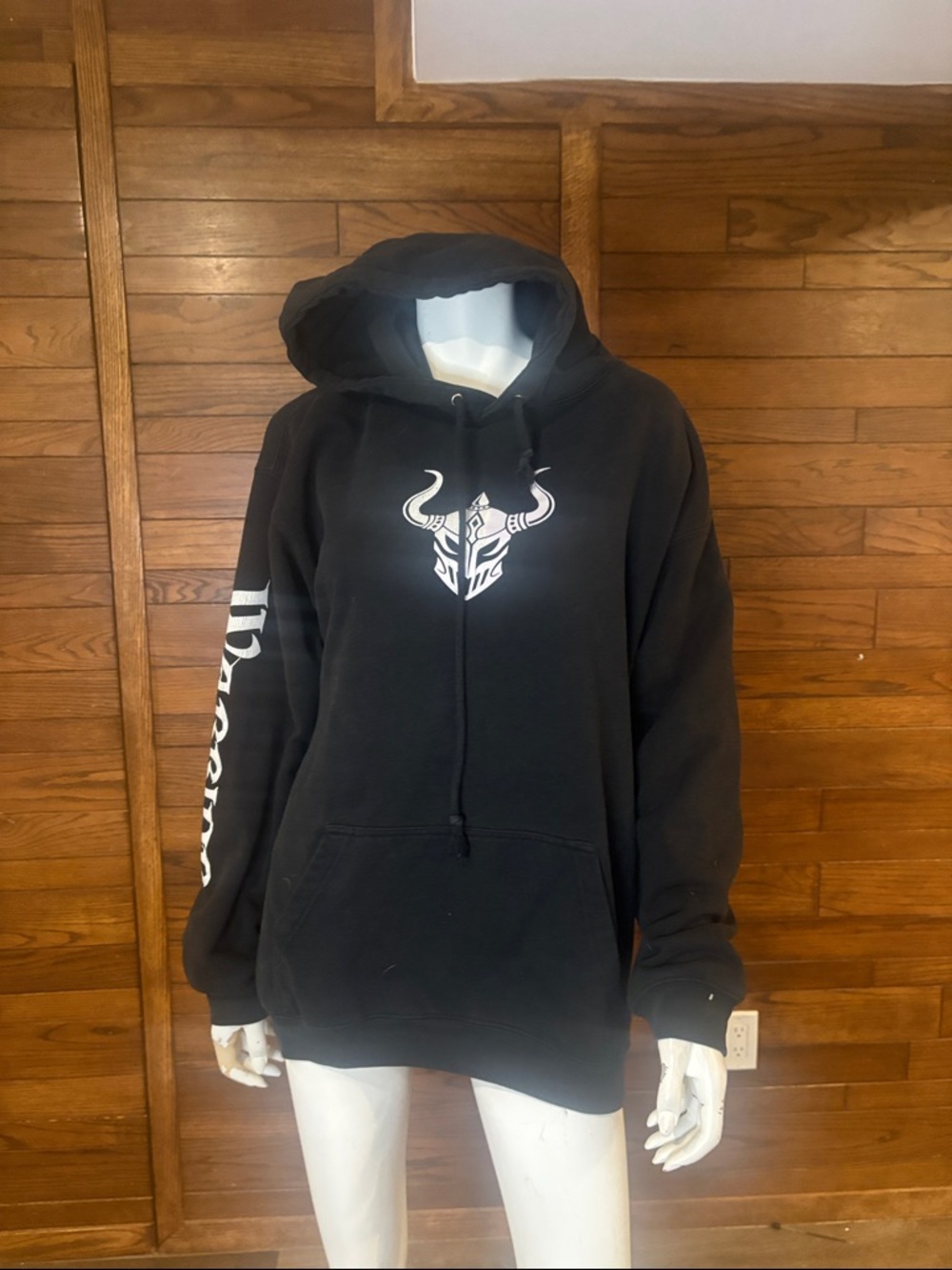 Black Hooded Sweatshirt with White Viking Helmet Graphic